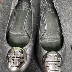 Tory Burch Black and Silver Loafers